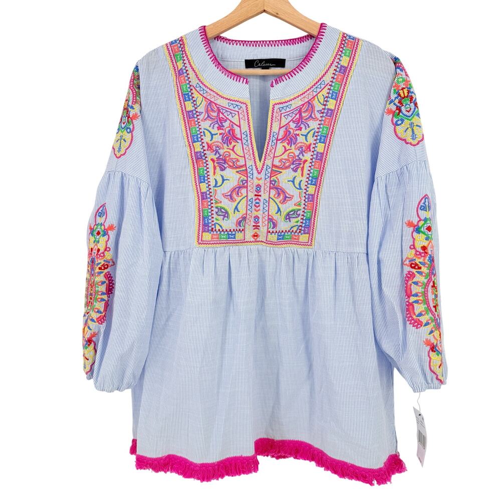 Calessa Fringe Embroidered V-Neck Tunic Shirt Womens Sz XL Striped
